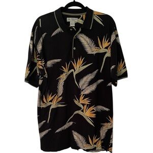 Hibiscus Hawaii Men’s Black Tropical Print Black Gold Tan Resort Wear Polo Shirt